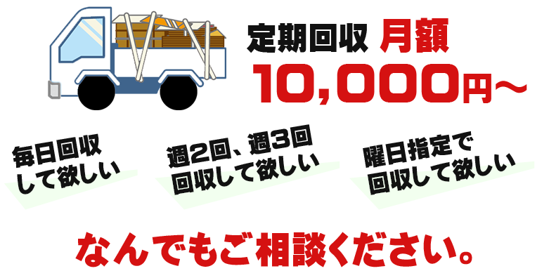 定期回収 月額8,000円から。毎日回収、週2回、週三回、曜日指定など、回収のタイミング含めて何でもご相談ください。